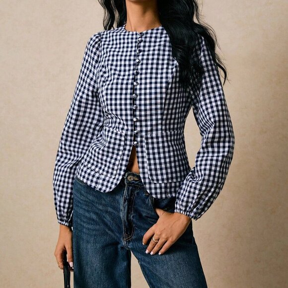 Black And White Casual Women's Versatile Plaid Waist Cinched Long Sleeve Fitted - Picture 5 of 7